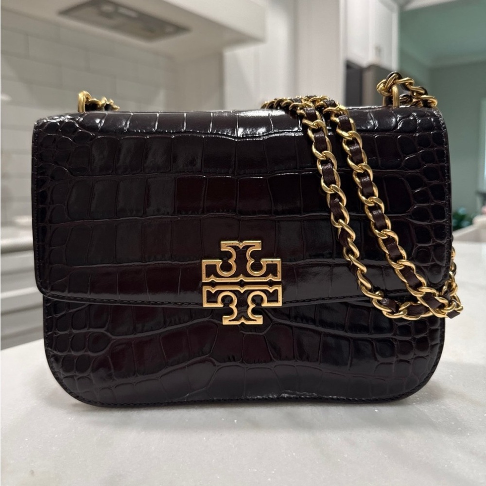 Tory Burch Black Croc-Embossed Leather Crossbody with Gold Hardware